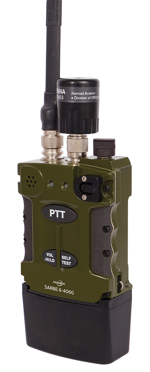 SABRE 6 406G緊急對講機，可以手動或撞擊、遇水自動啟動，可在121.5 MHz、243 MHz、406 MHz通話或